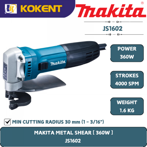 Makita Metal Shear, Max. Cutting Thickness 1.6mm, 380W, 4000spm, 1.6kg JS1602