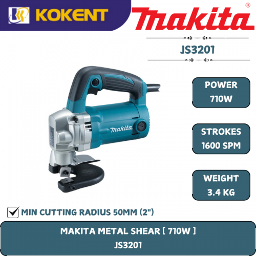 Makita Metal Shear, Max. Cutting Thickness 3.2mm, 710W, 1600spm, 3.4kg JS3201