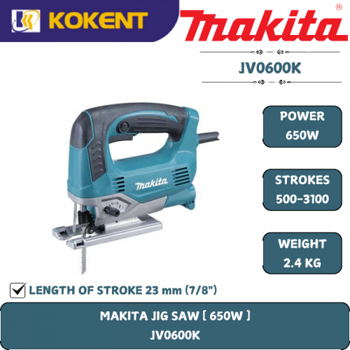 Makita Jigsaw, 650W, Cutting Capacity 90mm, 500~3100spm, 2.4kg JV0600K