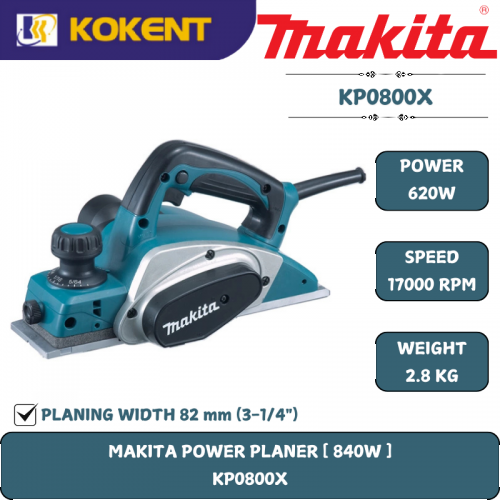 Makita Wood Planer, Planing Width 82mm, Planing Depth 2.5mm, 620W, 17000rpm, 2.8kg KP0800X