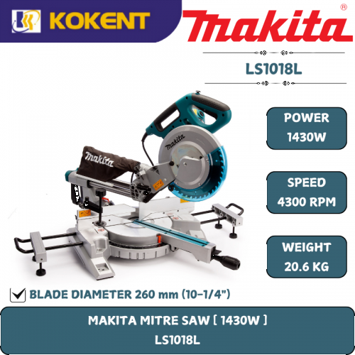 Makita Slide Compound Miter Saw with Laser Guide, Blade Diameter 10¼”, 1430W, 4300rpm, 21kg LS1018L