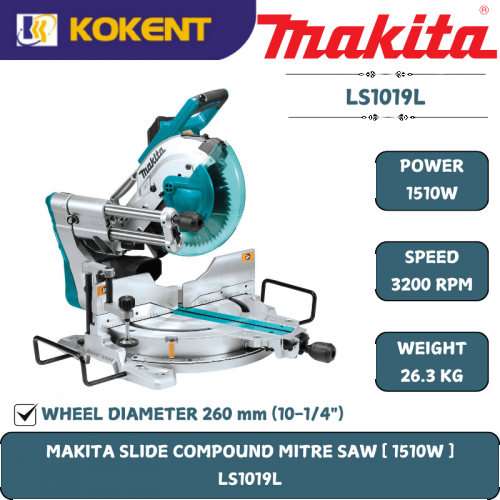 Makita Slide Compound Miter Saw with Laser Guide, Blade Diameter 10¼”, 1510W, 3200rpm, 27kg LS1019L