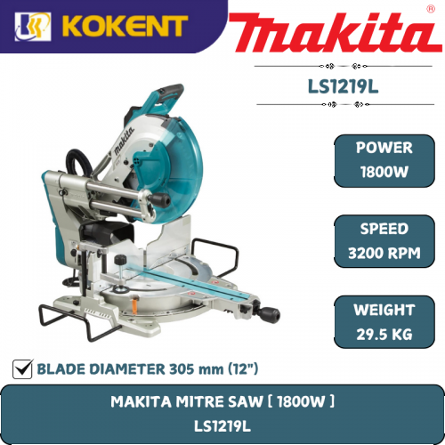 Makita Slide Compound Miter Saw with Laser Guide, Blade Diameter 12”, 1800W, 3200rpm, 30kg LS1219L