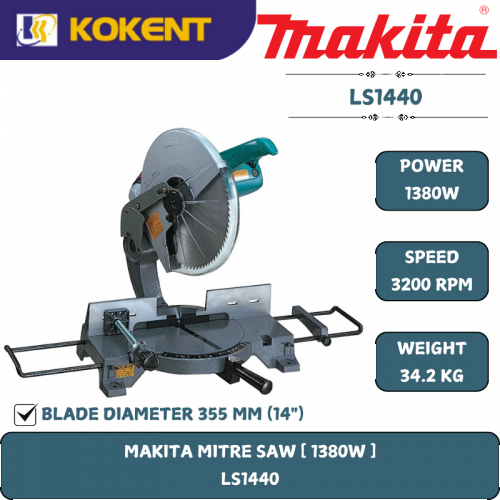 Makita Compound Miter Saw, Blade Diameter 14”, 1380W, 3200rpm, 34kg LS1440