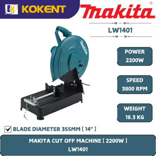 Makita Metal Cut Off, Blade 355mm, Cutting Depth 127mm, 2200W, 3800rpm, 18.3kg LW1401