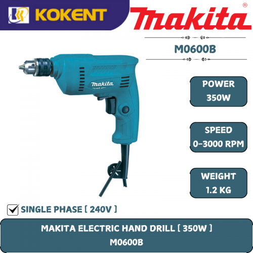 Makita Hand Drill, Chuck 3/8″, 350W, 3000rpm, Reversible, 1.2kg M0600B