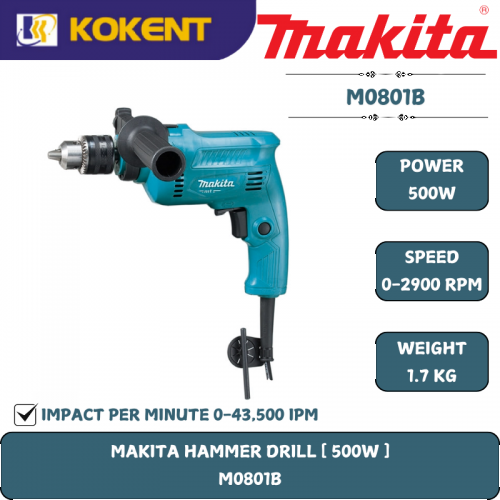 Makita Impact Drill, Drill Chuck 5/8″, 500W, 3200rpm, 48000ipm, 1.7kg M0801B