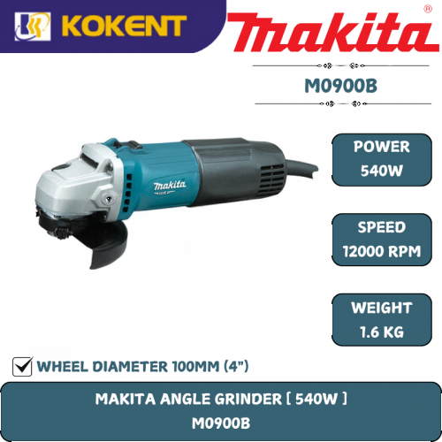 Makita Angle Grinder, 4″(100mm), Top Slide Switch, 540W, 12000rpm, 1.6kg M0900B