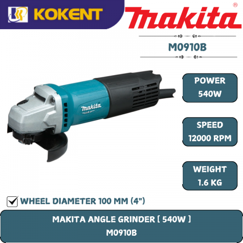 Makita Angle Grinder, 4″(100mm), Toggle Switch, 540W, 12000rpm, 1.6kg M0910B