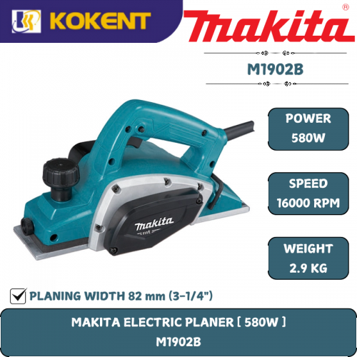 Makita Wood Planer, Planing Width 82mm, Planing Depth 1mm, 580W, 16000rpm, 3kg M1902B