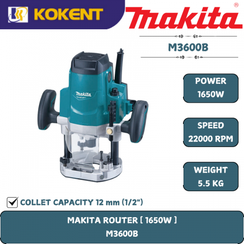 Makita Plunge Type Router, Plunge Capacity 0~60mm, 1/2″, 1650W, 22000rpm, 5.5kg M3600B