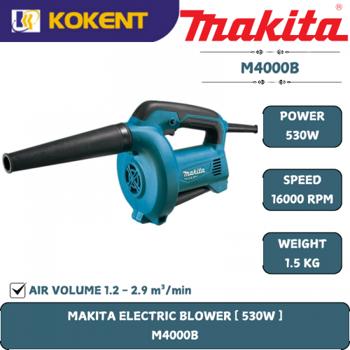 Makita  Air Blower, Air Volume 0~2900L/min, Air Velocity 0~91m/s, Air Pressure 0~5.7kPa, 1.5kg M4000