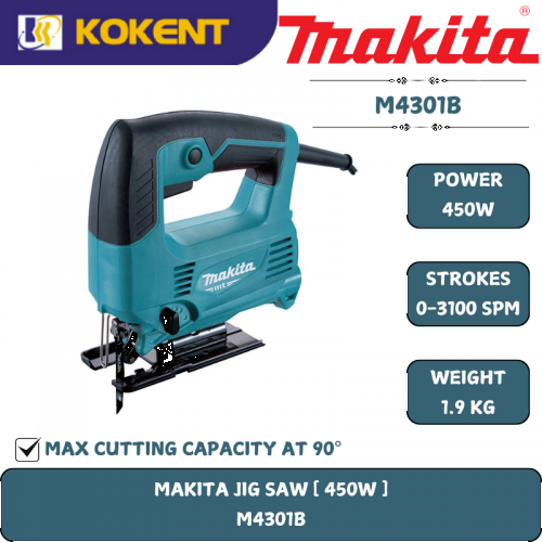 Makita Jigsaw, 450W, Cutting Capacity 65mm, 0 - 3,100spm, 1.9kg M4301B