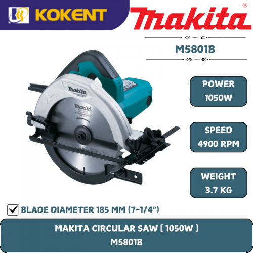 Makita Circular Saw, Blade Diameter 7¼”, 1050W, 4900rpm, 3.5kg M5801B