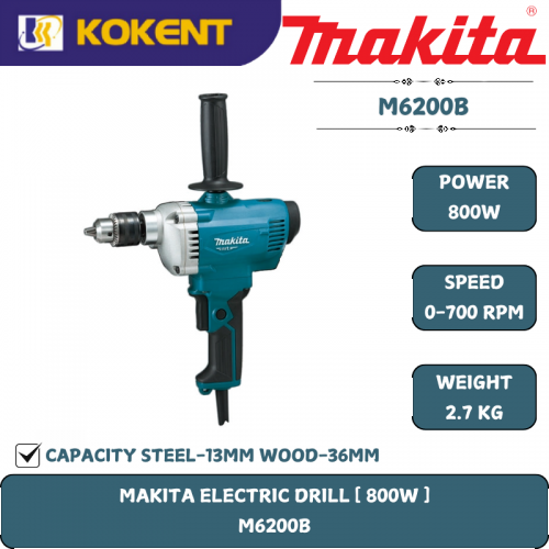Makita Hand Drill, Chuck 1/2″, 800W, 700rpm, 2.7kg M6200B