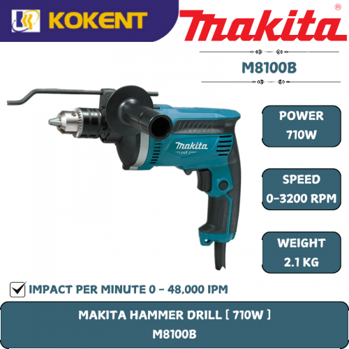 Makita Impact Drill, Drill Chuck 1/2″, 710W, 3200rpm, 48000ipm, 2.1kg M8100B