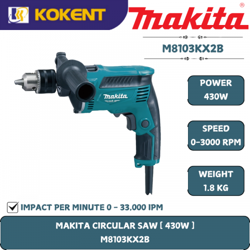 Makita Impact Drill, Drill Chuck 1/2″, 430W, 3000rpm, 33000ipm, 1.8kg M8103KX2B