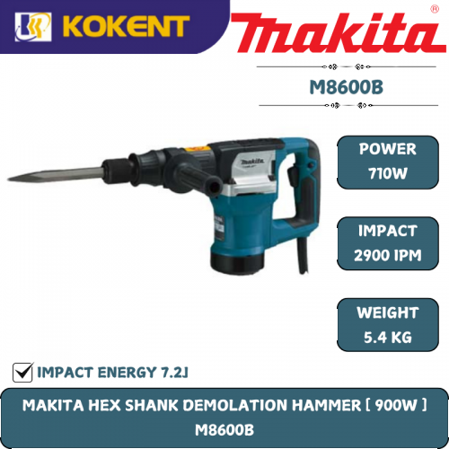 Makita Demolition Hammer, Impact 7.2J, 900W, 2900ipm, 5.4kg M8600B