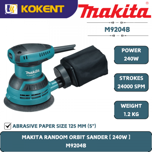 Makita Random Orbital Sander, Pad Diameter 123mm, 240W, 12000opm, 1.2kg M9204B