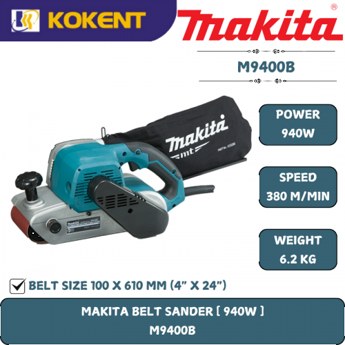 Makita  Belt Sander, Belt Size 100 x 610mm, 940W, 380m/min, 6.2kg M9400B