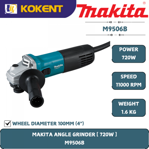 Makita Angle Grinder, 4″(100mm), Slide Switch, 720W, 11000rpm, 1.6kg M9506B