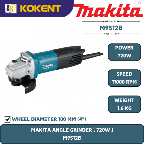 Makita Angle Grinder, 4″(100mm), Toggle Switch, 720W, 11000rpm, 1.6kg M9512B