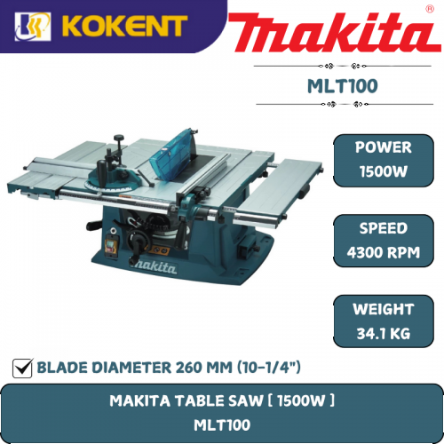Makita Table Saw, Blade Diameter 10¼”, 1500W, 4300rpm, 34kg MLT100