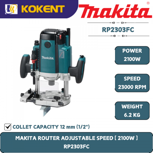 Makita Plunge Router, Collect Size 12mm, 2100W, 9000~23000rpm, Plunge 0~70mm, 6.2kg RP2303FC