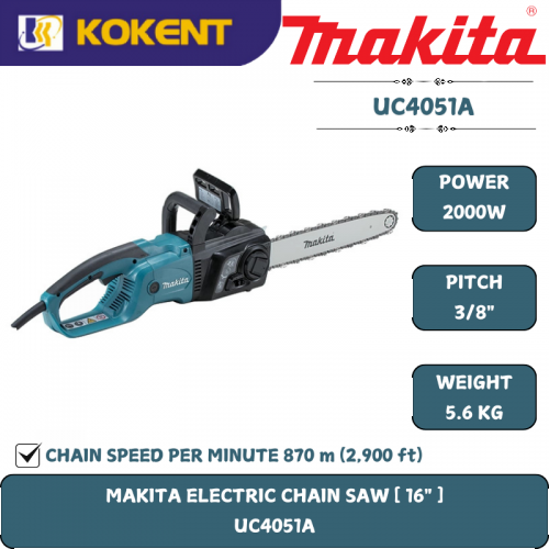 Makita Electric Chainsaw, 16″, 2000w, 870m/min, 5.6kg UC4051A