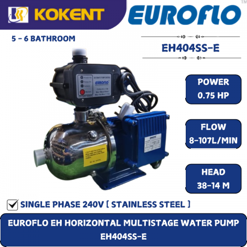 EUROFLO BOOSTER WATER PUMP (S/STEEL) (0.75KW,1.0HP,240V,1PH,50HZ) (8-107L/MIN - 38-14M/H) EC404SS-E