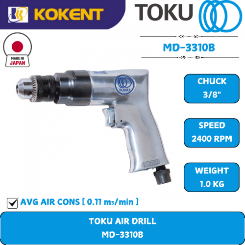 TOKU Air Hand Drill, Chuck Capacity: 3/8″, Free Speed: 2400rpm, 1.0kg MD-3310B