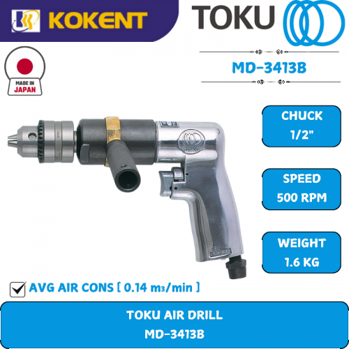 TOKU Air Reversible Hand Drill, Chuck Capacity: 1/2″, Free Speed: 500rpm, 1.6kg MD-3413B