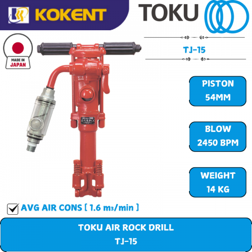 TOKU TJ15LBS: Air Rock Drill with Oiler PL400, Rotary Speed: 250rpm, 14kg TJ-15