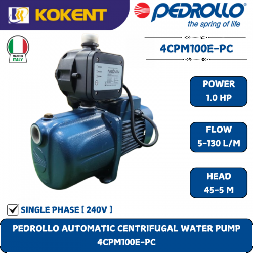 PEDROLLO AUTOMATIC CENTRIFUGAL WATER PUMP [1HP.5-130L/M.45-5 M]  4CPM100E-PC