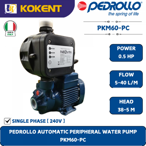 PEDROLLO AUTOMATIC PERIPHERAL WATER PUMP [0.5HP.5-40L/M.38-5M] PKM60PC