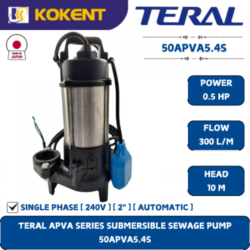 TERAL APVA SERIES SUBMERSIBLE SEWAGE PUMP [0.5HP.300L/M.10M] 50APVA5.4S