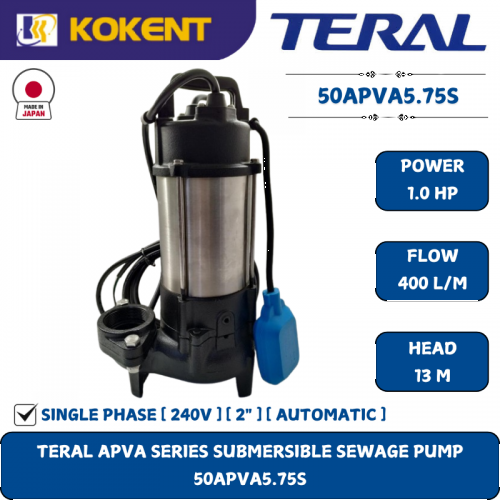 TERAL APVA SERIES SUBMERSIBLE SEWAGE PUMP [1HP.400L/M.13M] 50APVA5.75S