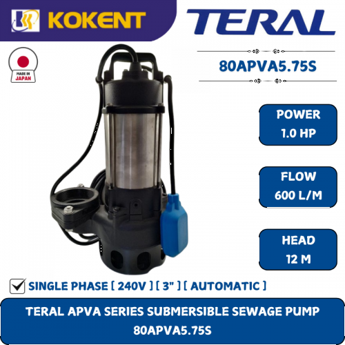 TERAL APVA SERIES SUBMERSIBLE SEWAGE PUMP [1HP.600L/M.12M] 80APVA5.75S