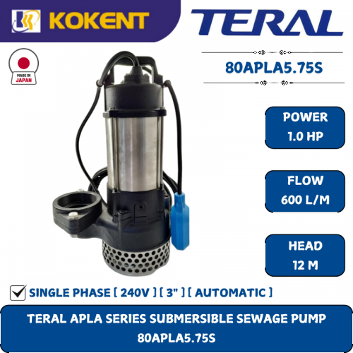 TERAL APLA SERIES SUBMERSIBLE SEWAGE PUMP [1HP,600L/M.12M] 80APLA5.75S