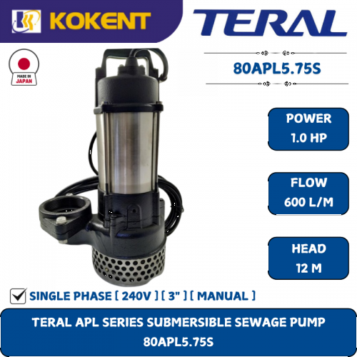 TERAL APL SERIES SUBMERSIBLE SEWAGE PUMP [1HP.600L/M.12M] 80APL5.75S