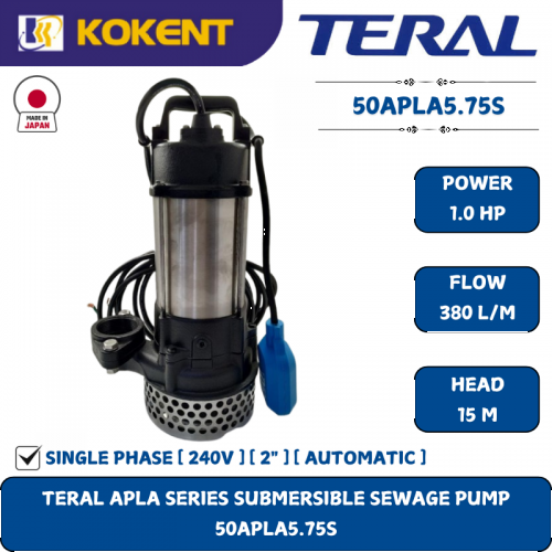 TERAL APLA SERIES SUBMERSIBLE SEWAGE PUMP [1HP.380L/M.15M] 50APLA5.75S