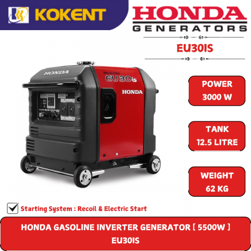 HONDA GASOLINE INVERTER GENERATOR [ 3000W.12L/TANK.62KG.RECOIL/ELECTRIC START. ] EU30IS