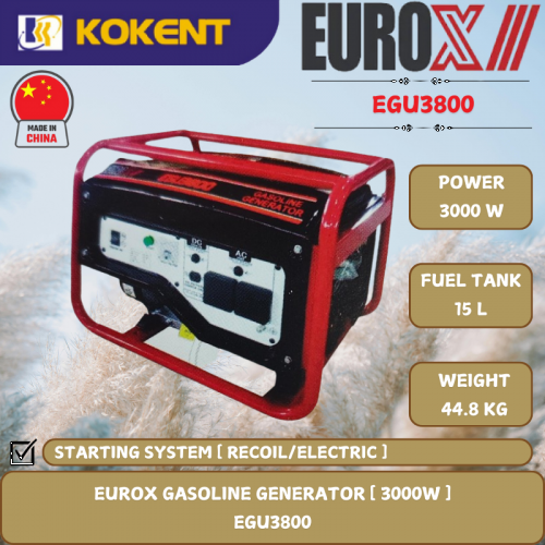 EUROX GASOLINE GENERATOR [ 3000W.15L/TANK.44.8KG ]  EGU3800