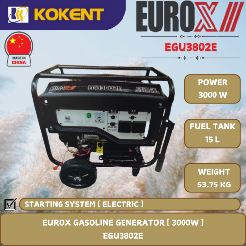 EUROX GASOLINE GENERATOR [ 3000W.15L/TANK.53KG ]  EGU3802E