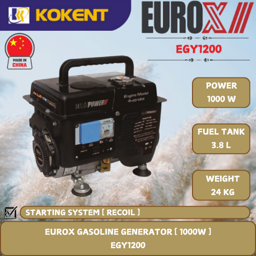 EUROX GASOLINE GENERATOR [ 1000W.3.8L/TANK.24KG ]  EGY1200