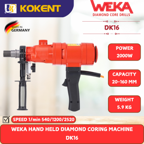 WEKA HAND HELD DIAMOND CORING MACHINE [ 2000W.20-160MM.5.9KG ] DK16