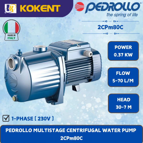 PEDROLLO MULTISTAGE CENTRIFUGAL WATER PUMP [0.37KW.5-70L/MIN.30-7M/HEAD]  2CPm80C
