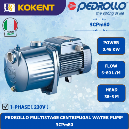 PEDROLLO MULTISTAGE CENTRIFUGAL WATER PUMP [0.45KW.5-80L/MIN.38-5M/HEAD] 3CPm80