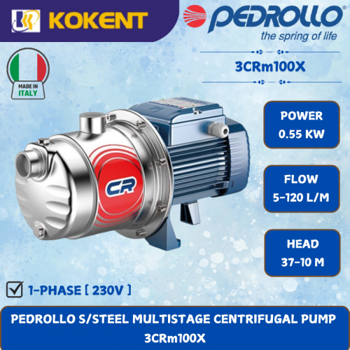 PEDROLLO S/STEEL MULTISTAGE CENTRIFUGAL PUMP [0.55KW.5-120L/MIN.37-10M/HEAD] 3CRm100X