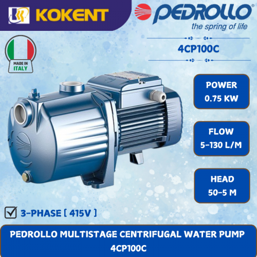 PEDROLLO MULTISTAGE CENTRIFUGAL WATER PUMP [0.75KW.5-130L/MIN.50-5M/HEAD] 4CP100C